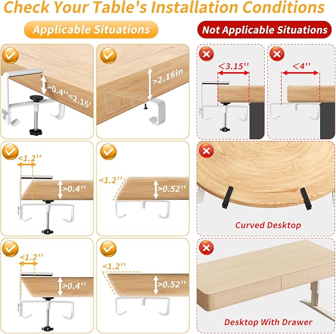 No Drill Under Desk Cable Management Tray, 48" Cord Organizer with Clamp, Fabric Cable Management for Standing Desks, Ideal for Home & Office - White