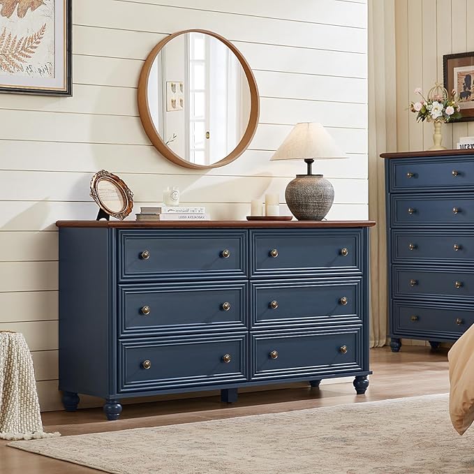 Farmhouse Dressers & Night Stand Set of 4, Wood 54" Wide 6 Drawer Dresser & 45" Tall Chest of Drawers, 18" Roman Column Nightstand Set of 2, Bedroom Furniture Dresser Sets for Home Living Room Hallway