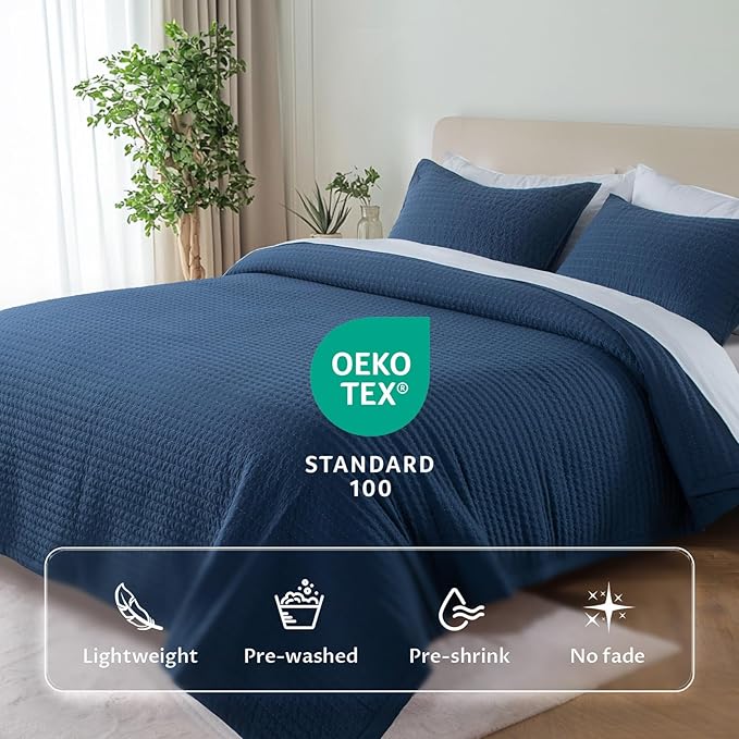 KASENTEX Twin Quilt Set 68"x86" – Soft Washed 3-Layer Lightweight Bedspread, Minimalist Nordic Design, All-Season Spring & Summer Quilt Set (1 Quilt + 2 Pillow Shams),Dress Dark Blue