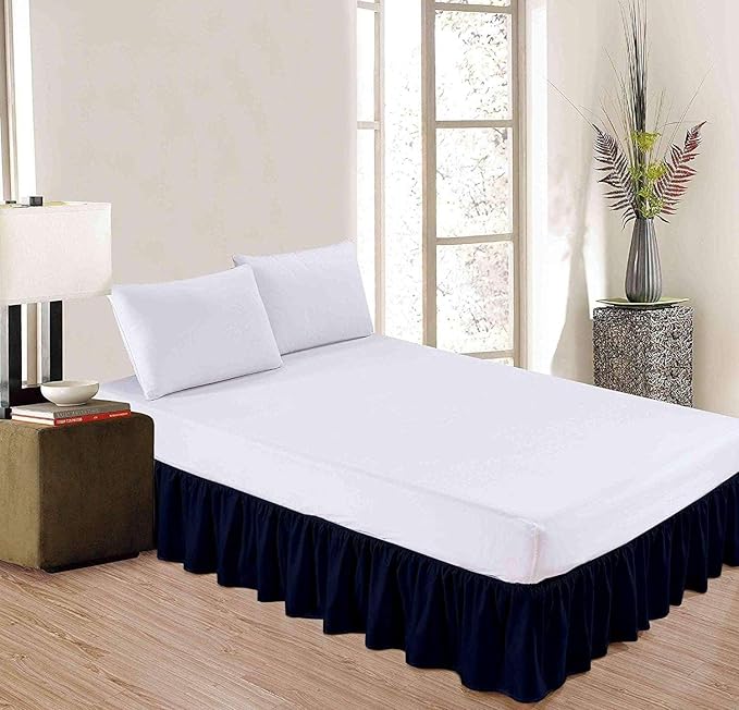 Navy Blue Solid Ruffled Bed Skirt King-10 Inch Drop Split Corner, Microfiber Bedskirt with Platform Three Sided Coverage