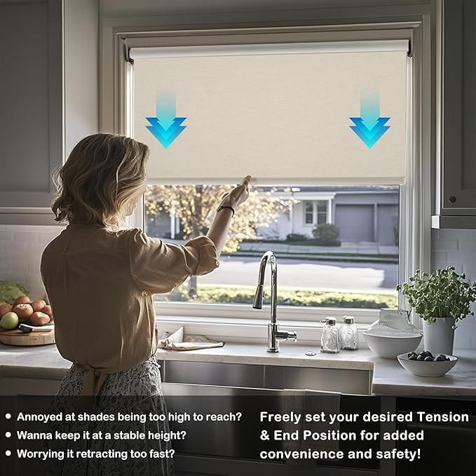 HESTIA No Drill Cordless Blackout Roller Shades Screwless Waterproof Shower Window Blinds, Auto-Retraction Easy Install Blind for Bedroom/Living Room/Kitchen, Cream Linen, 39.5" W x 54" H
