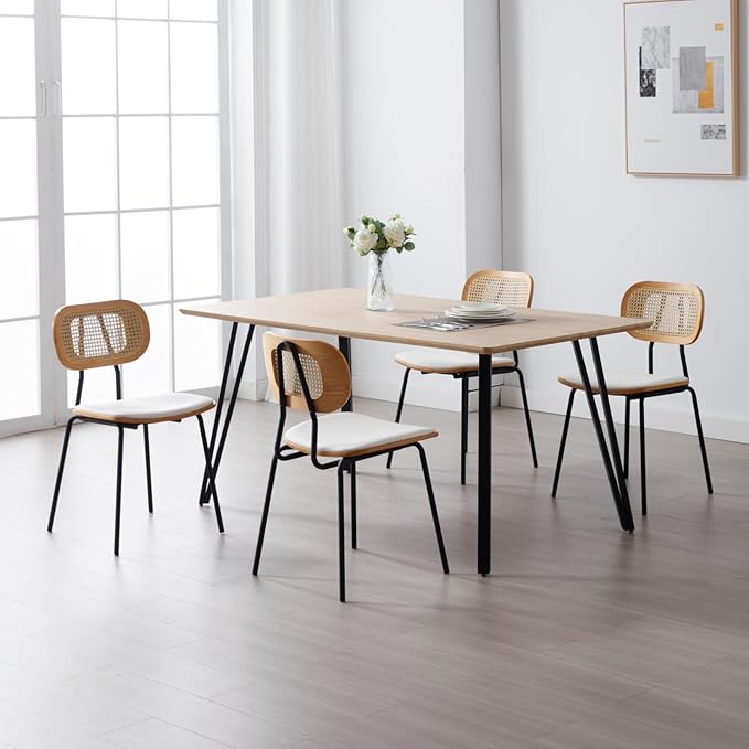 HEAH-YO Dining Chairs Set of 6, Upholstered Faux Leather Rattan Dining Chairs with Backrest and Metal Legs, Armless Kitchen Rattan Chairs for Dining Room, White