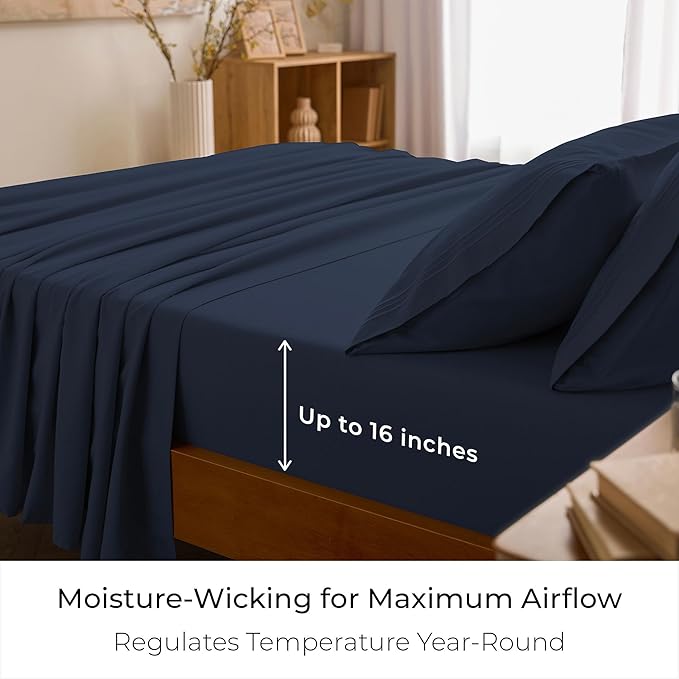 Mellanni Full Sheet Set - 6-Piece Iconic Collection Bedding, (Including 4 Pillowcases), 16-Inch Deep Pocket, Easy Care, Extra Soft, Cooling Sheets, Brushed Microfiber - Navy Blue