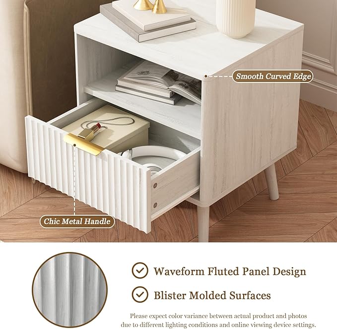 CARPETNAL Fluted Nightstand Set of 2, White Bedside Table with Drawer and Storage Shelf, Wood End Table Mid Century Night Stands for Bedroom Living Room