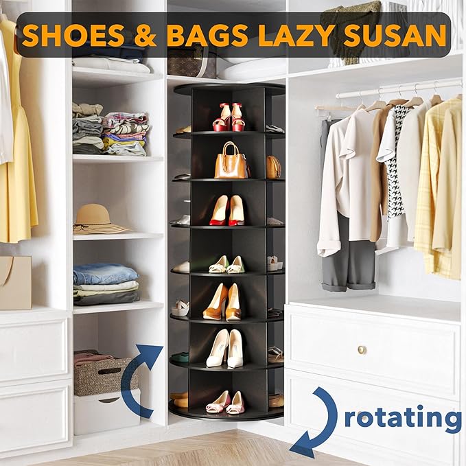 SpaceAid 7 Tier Rotating Shoe Rack Tower, Spinning Shoe Display Lazy Susan, Revolving 360 Shoe Rack Storage Round Carousel, Vertical Handbag Rotate Shoes Closet Organization (7-Tier Black)