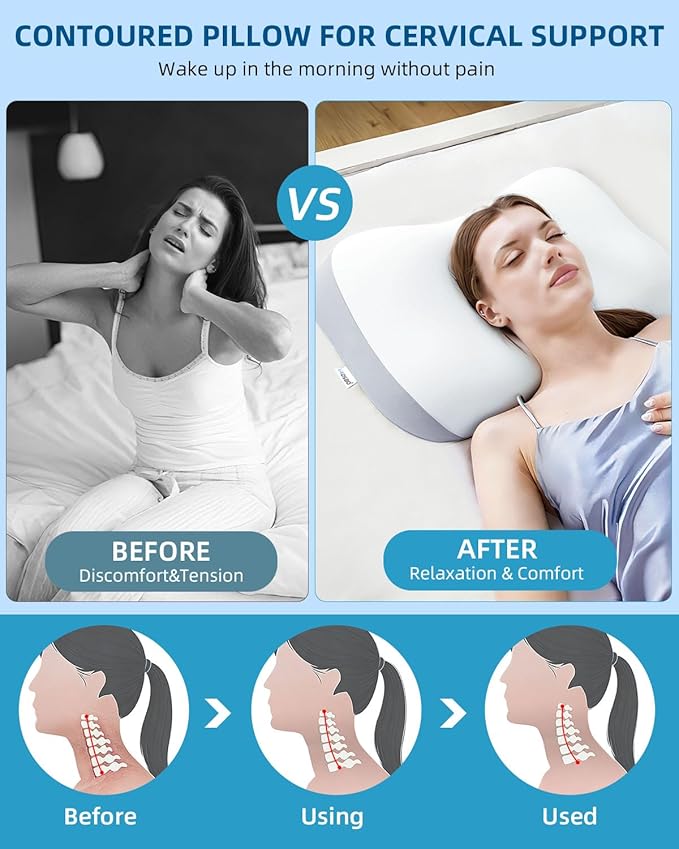 Sleep Pillow Ergonomic Contour Design Cooling Memory Foam Pillows for Neck Support, Side & Back Sleepers White