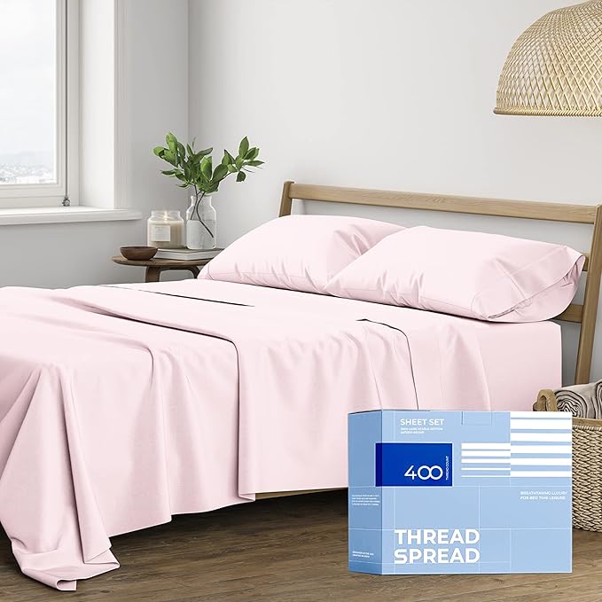THREAD SPREAD 100% Cotton Sheets King Size - 400 Thread Count King Size Sheets Set (4 PC, Blush), 16" Deep Pocket All Around Elastic, Soft, Cooling, Durable & Breathable Sateen Weave Bed Sheet Set