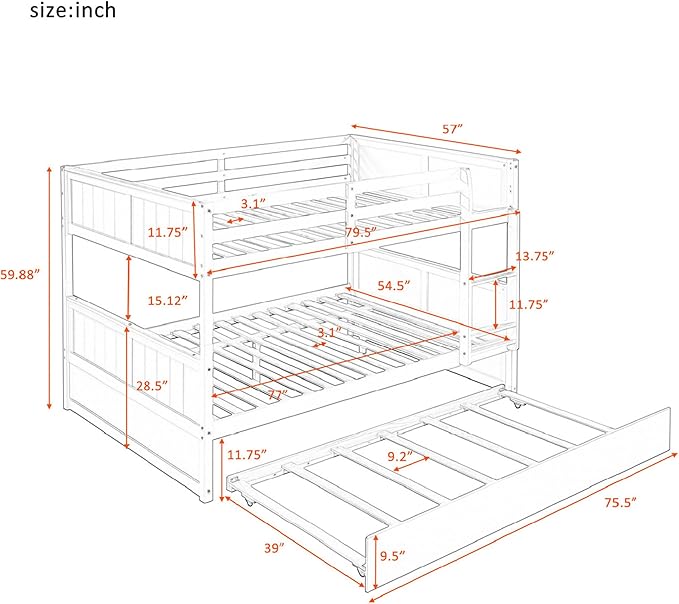 Upgraded Version Best Full Over Full Bunk Bed with Trundle, Thicken Solid Wood Full Size Bunk Bed, Bunkbed Frame Full Over Full, Convertible to 2 Beds, Easy Assembly for Adults (White)