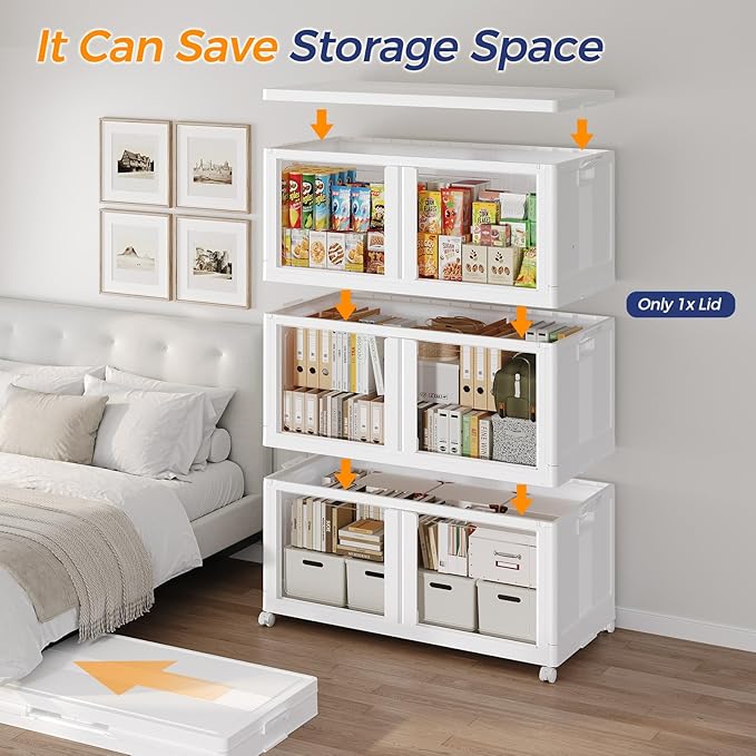 90GAL Large Stackable Storage Bins with Lid and Wheels, 360Qt Collapsible Organizer Cabinet with Clear Door, for Closet, Bedroom, Kitchen, Garage, 3-Pack White