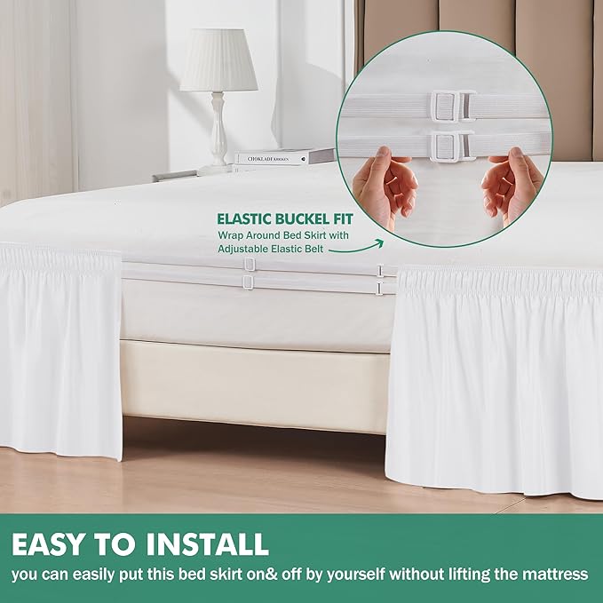 Biscaynebay Wrap Around Bed Skirts with Split Corners for Full Beds 25" Drop, White Adjustable Elastic Dust Ruffles Easy Fit Wrinkle & Fade Resistant Silky Luxurious Fabric Machine Washable