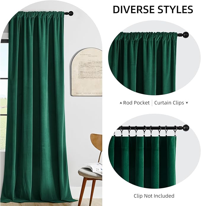 Joydeco Dark Green Velvet Curtains 90 inch Length 2 Panels Burg Set, Luxury Rod Pocket Thermal Insulated Window Blackout Curtain, Room Darkening Drapes for Living Dining Room Bedroom Privacy