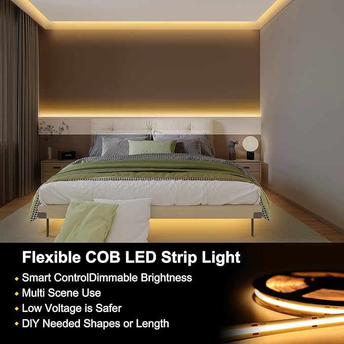 COB LED Strip Lights Warm White,24V Dimmable led Light Strip KIT with Remote and app Control,2700K 32.8FT/2 * 5m 8mm Wide Ra>90 Cuttable Flexible Strip Lights for Bedroom,Wardrobe,Cabinet