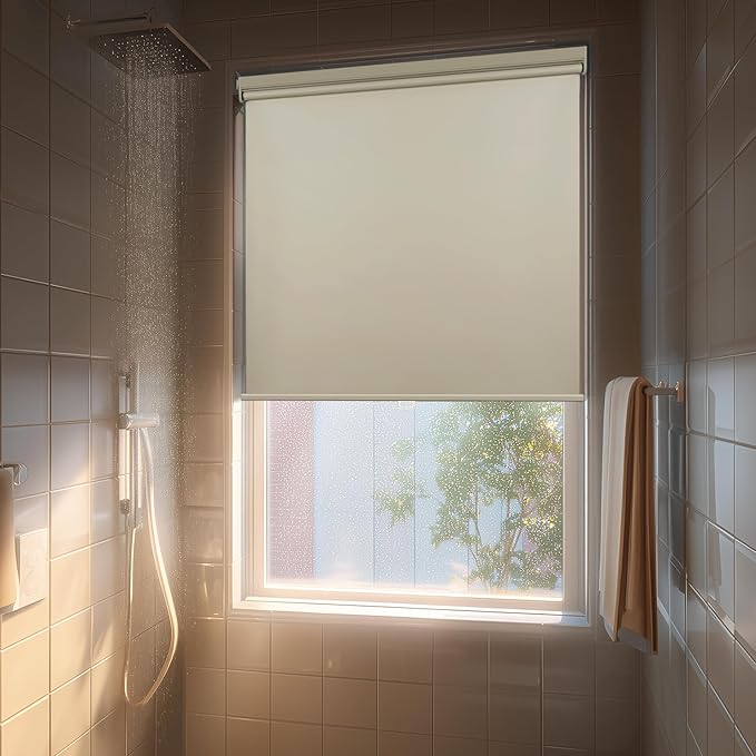 HESTIA No Drill Cordless Blackout Roller Shades Screwless Waterproof Shower Window Blinds, Auto-Retraction Easy Install Blind for Bathroom/Kitchen/Office/Exterior, Cream, 41" W x 54" H