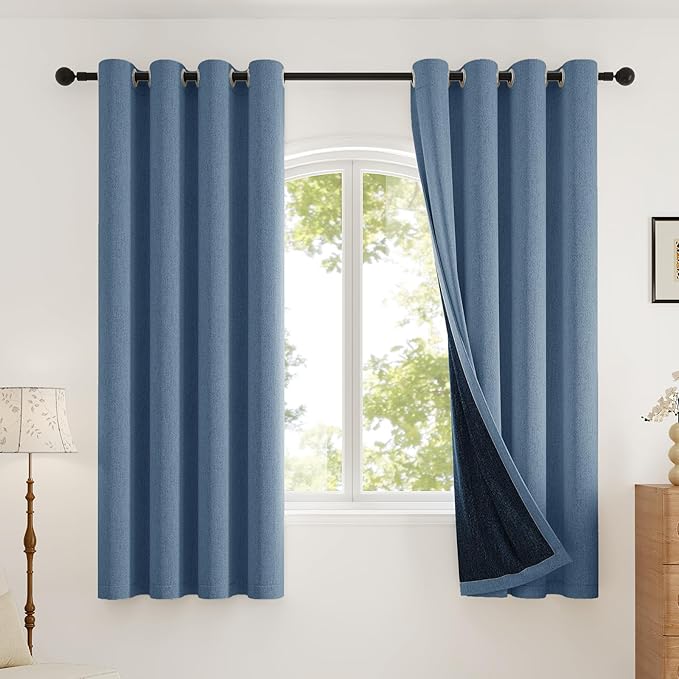 100% Blackout Curtains Thick Soft Curtain 2 Panels Set for Small Bedrooms/Children's Rooms, Linen-Look Textured Full Light Blocking Room Darkening Thermal Insulated Drapes (W52xL54, Blue)