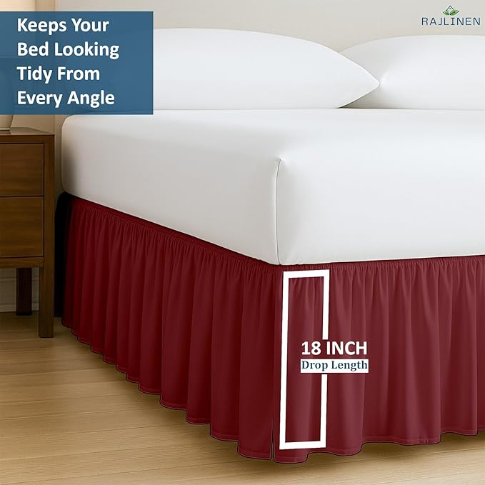 Rajlinen Ruffled Bed Skirt Twin, 18 Inch Drop Dust Ruffle with Split Corners, 100% Microfiber Bedskirt with Platform, Three-Sided Coverage Ruffled Gathering Design, Burgundy