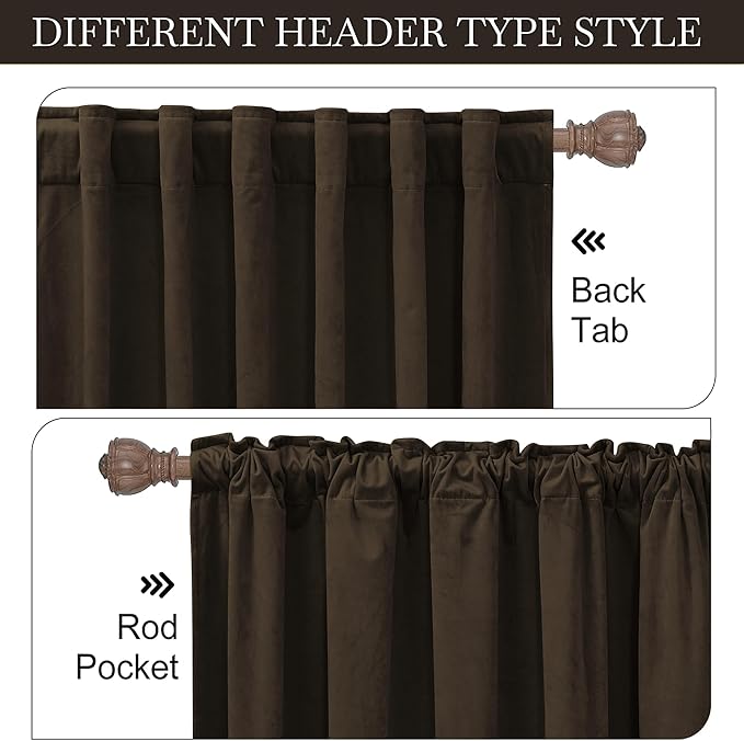 RYB HOME Brown Velvet Curtains 84 inches, Back Tab Soft Fabric Blackout Heat Blocking Luxurious Home Decor Curtains for Living Room Bedroom, W 52" x L 84", 2 Panels Set