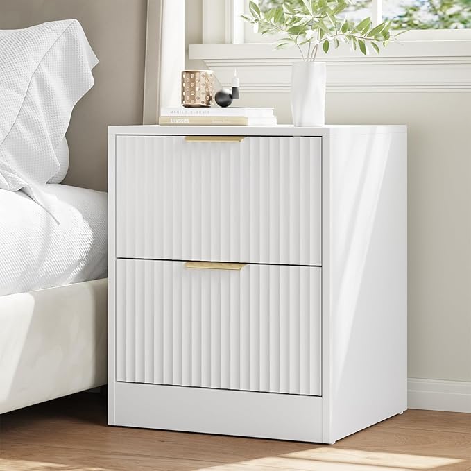 8 Drawer Dresser & Nightstand Set 3-Piece, 55” Wide Fluted Dresser and Night Stand Set of 2 with Metal Handle, Modern Wood Chest of Drawers Storage Dressers Set for Bedroom, White