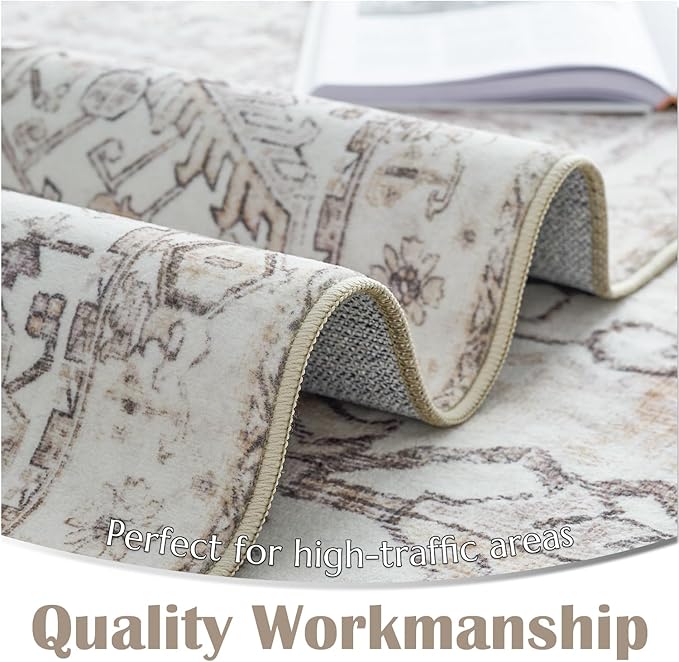 jinchan Lima Hallway Runner Rug 3x8 Washable - Vintage Floral Non Slip Low-Pile Soft Ultra-Thin Faux Wool Kitchen Rug Distressed Carpet Runner for Farmhouse Bedroom Laundry (3x8ft, Taupe)