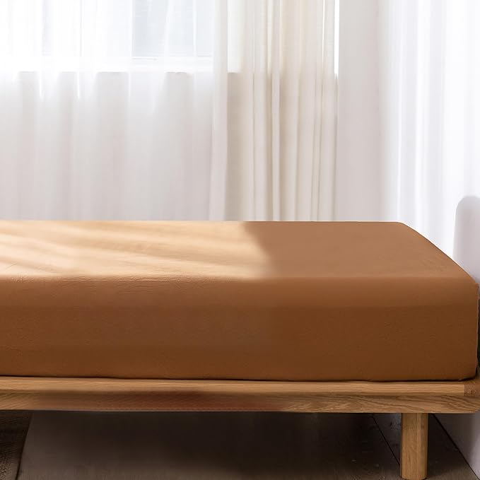 MooMee Fitted Bottom Sheet Only 100% Washed Cotton Linen Like Textured Breathable Durable Soft Comfy Deep Pocket Fits Mattress up to 17" (Dark Orange, King)
