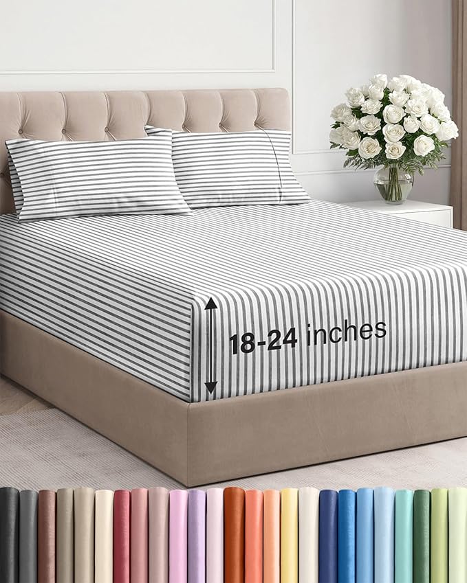 Extra Deep Twin Sheet Set - 4 Piece Breathable and Cooling Sheets - Hotel Luxury Bed Sheets Set - Easy Fit - Soft, Wrinkle Free and Comfy Sheets Set - Grey Striped Sheet Set with Extra Deep Pockets