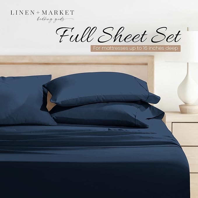 Linen Market Brushed Microfiber Full Sheet Set 4 Piece – Oeko-TEX Certified Ultra Soft & Wrinkle-Free - 16" Deep Pocket Sheets - Easy Care Full Size - Navy
