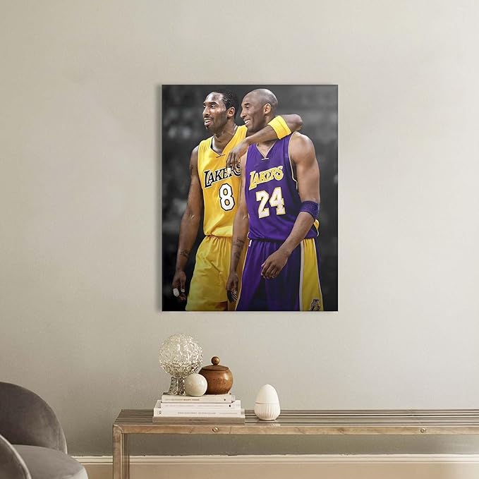 Kobe Bryant Canvas Wall Art Print Poster, Iconic Basketball Player Dual-Era Tribute Artwork, No. 8 and No. 24 Jersey Mamba Mentality Wall Decor for Home Gym Dorm Office Living Room, Framed 20x24inch