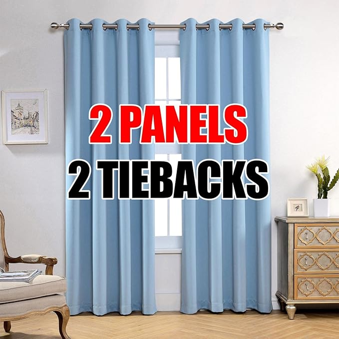 MIUCO 1 Pair Thermal Insulated Grommet 52-Inch-by-84-Inch Blackout Window Curtain Panels with 2 Tie Backs, Sky Blue