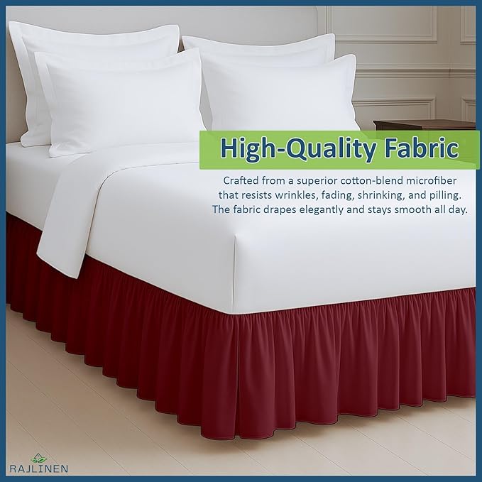 Rajlinen Ruffled Bed Skirt Full, 21 Inch Drop Dust Ruffle with Split Corners, 100% Microfiber Bedskirt with Platform, Three-Sided Coverage Ruffled Gathering Design, Burgundy