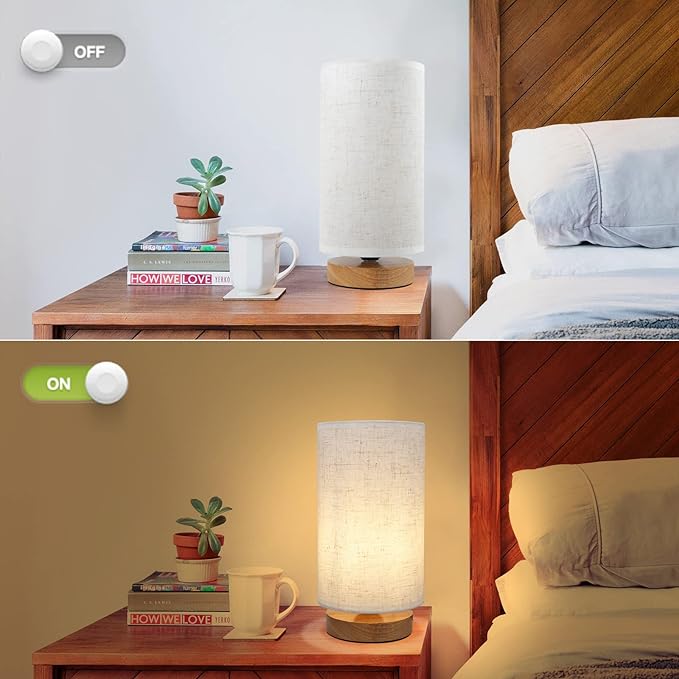 Small Bedside Night Table Lamp for Bedroom, Minimalist Nightstand Lamp with Round Fabric Linen Shade, Study Reading Desk Lamp for Kids Room, Living Room, College Dorm, Home, Office
