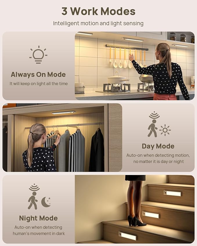 Under Cabinet Lights Wireless,Motion Sensor Light Indoor Closet Lights with Remote Control,3 Color Temps,LED Rechargeable Battery Operated,Under Counter Lights for Kitchen,Wardrobe,Stairs,4 Pack