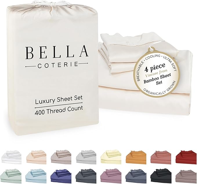 Bella Coterie Luxury Bamboo Viscose Queen Size Sheet Set | 100% Organically Grown | Ultra Soft | Cooling for Hot Sleepers | 18" Deep Pocket [Ivory]