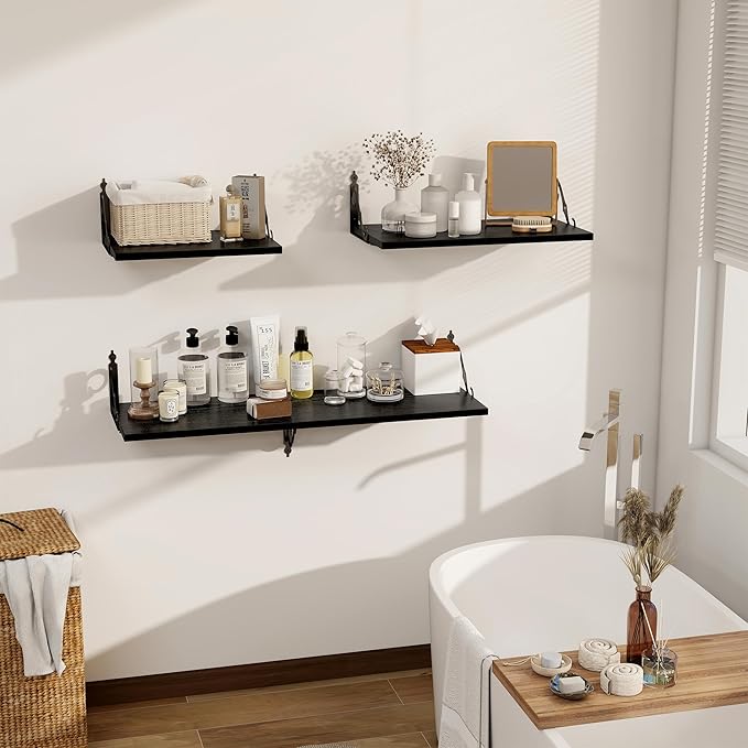 Dreamland Deep Floating Shelves, 16" W x 12" D Wall Shelves Set of 2, Wide Display Shelf Wall Mounted with Brackets, Bookshelf for Living Room, Bathroom, Bedroom, Black