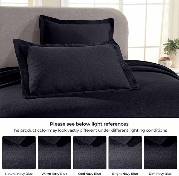 Superior 3 Piece Basketweave Cotton Bedspread Set, Home Bed Decor, Decorative Bed Spread, 2 Pillow Shams, Medium Weight Blanket, Matelasse Coverlet Bedding, Geometric Lattice Pattern, Full, Navy Blue