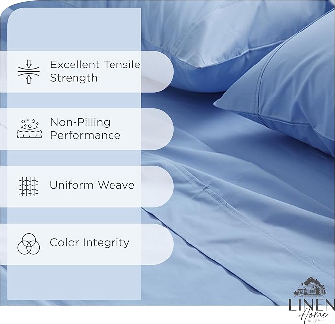 Linen Home 100% Cotton Percale Sheets Queen Size, Baby Blue, Deep Pocket, 4 Pieces Set - 1 Flat, 1 Deep Pocket Fitted Sheet and 2 Pillowcases, Crisp Cool and Strong Bed Linen