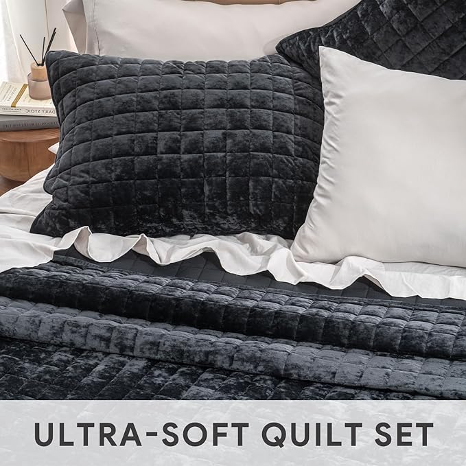 RECYCO Luxury Velvet Quilt Set Full Queen Size Bedding Sets, Ultra Soft Velvet Comforter Set, Lightweight Channel Box Stitch Oversized Bedspread Coverlet for All Season, with 2 Shams, Black