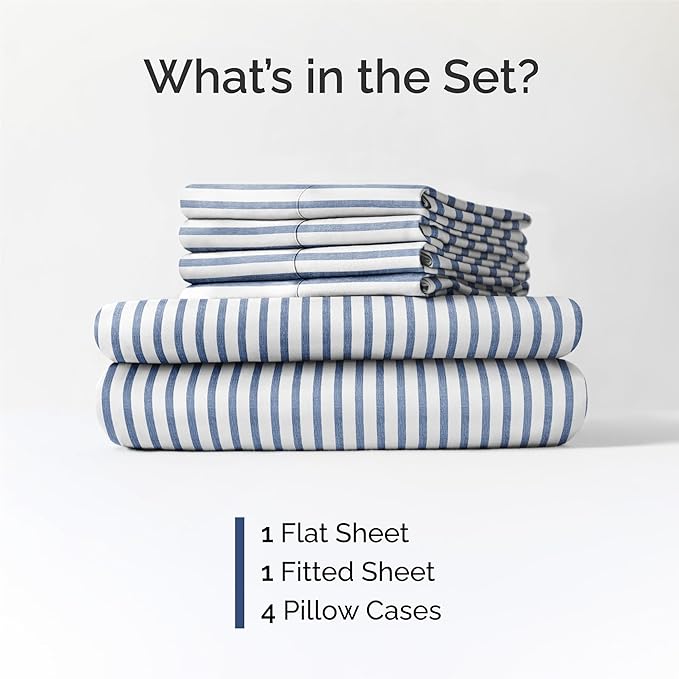 King 6 Piece Sheet Set - Cooling, Comfy & Breathable - Hotel Luxury Bedding, Includes Fitted Sheet for Women, Men, Kids & Teens - 1 Flat, 1 Fitted Sheet, 4 Pillowcases w/Deep Pockets - Blue Stripes