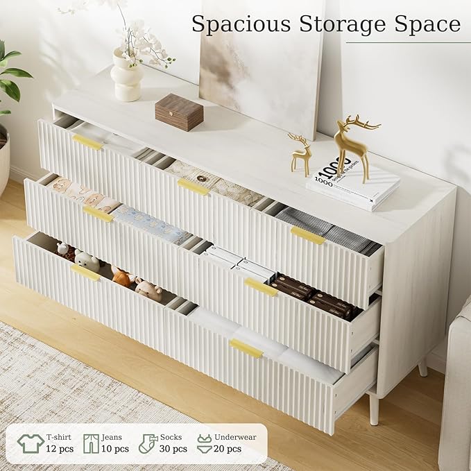 LYNSOM 55" Wide Fluted Dresser for Bedroom with 7 Drawer, Modern Chest of Drawers with Curved Profile Design and Metal Handles, Wood Dresser TV Stand & Storage Organizer for Living Room, White