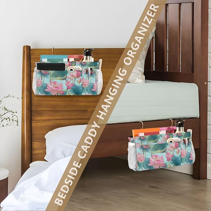 Bedside Caddy Hanging Bunk Bed Caddy Bed Organizer Hanging Pocket with 2 Hooks Bedside Storage Organizer Pocket Bag Holder Pastel Lotus Leaf Stem Floral