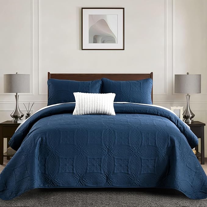 Yiran Navy Blue Quilt Set King Size Lightweight Bedspread Embossed Pattern Soft Microfiber Coverlet for All Season with 2 Pillow Shams (106"x96")