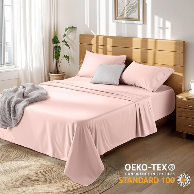 LBRO2M 100% Cotton Sheets Set Deep Pocket 19", 1000 Thread Count King Size 4 Piece Bed Sheet Sets Soft Comfortable Bedding All Season (King, Pink)