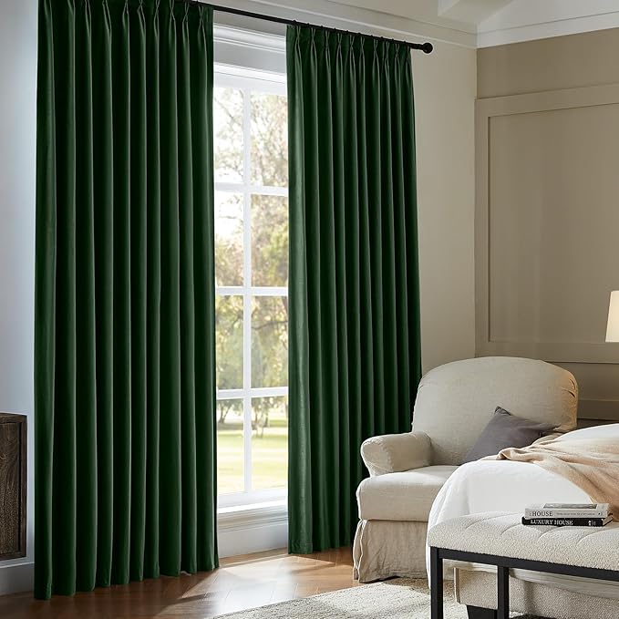 Pinch Pleated 100% Blackout Curtains for Bedroom, Olive Green Velvet Curtains for Living Room, Black Out Curtain 84 inch Long Room Darkening, Blackout Pinch Pleat Drapes with Hooks 2 Panels