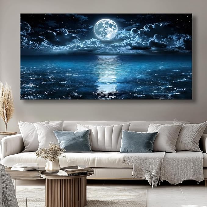 Big Moon Canvas Wall Art - Modern Seascape Paintings for Living Room, Bedroom Wall Decor, Framed Wall Art for Home or Office Decoration, Large Wall Art 20"x40"(50CMx100CM)