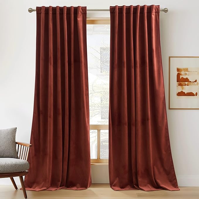 RYB Home Rust Red Velvet Curtains 90 inches Long, Thermal Insulated Panel for Bedroom Room Darkening Window Treatment for Holiday Backdrop Privacy Drapes for Guest Room, W52 x L90, 2 Panels