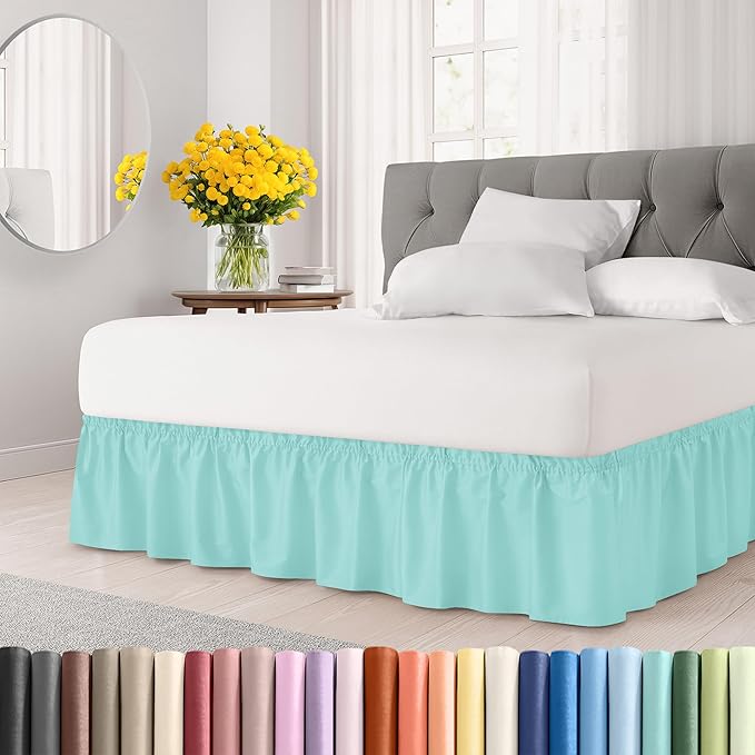 Wrap Around Dust Ruffle Bed Skirt - Spa Blue - for King Size Beds with 15 Inch Drop - Easy Fit Elastic Strap - Adjustable Pleated Bedskirt w/Brushed Fabric Wrinkle Free - for Women, Men, Kids & Teens