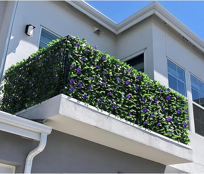 Sumery Expandable Fence Privacy Screen for Balcony Patio Outdoor,Decorative Faux Ivy Fencing Panel,Artificial Hedges (Single Sided Leaves) (2, Green Flowers)