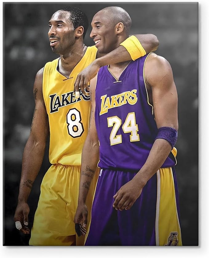 Kobe Bryant Canvas Wall Art Print Poster, Iconic Basketball Player Dual-Era Tribute Artwork, No. 8 and No. 24 Jersey Mamba Mentality Wall Decor for Home Gym Dorm Office Living Room, Framed 16x20inch