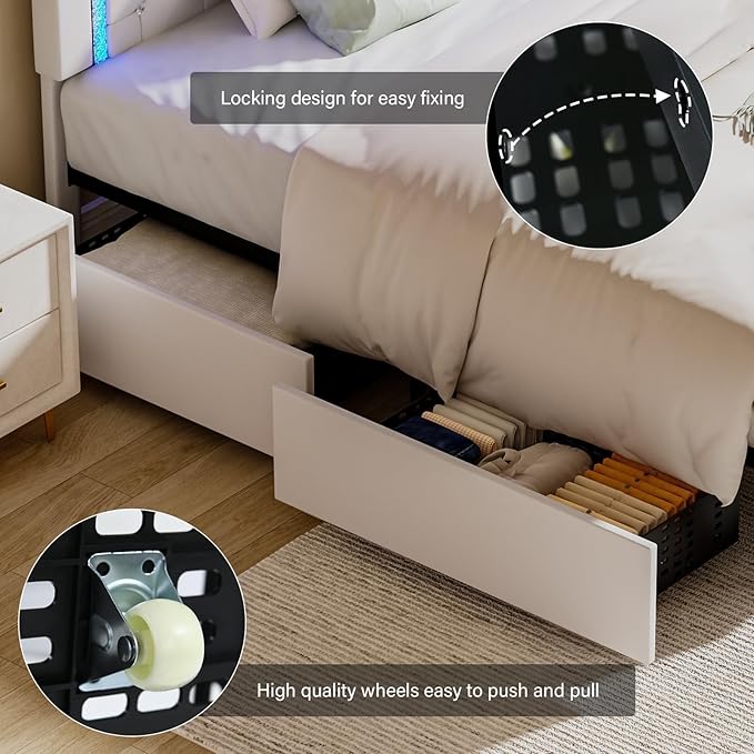 BarnFurin Full Size Bed Frame with LED Lights, Upholstered Bed Frame with Storage Drawers, Modern Platform Bed with Diamond Headboard and Footboard, No Box Spring Needed, White