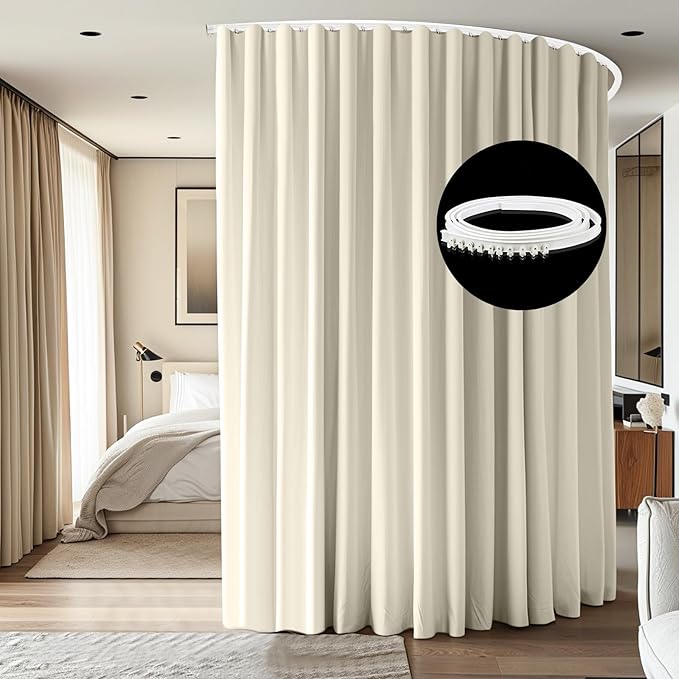 Room Divider Ceiling Mounted Curtains Track Sets Extra Wide Blackout Curtain Flexible Tracks for Bedroom Privacy Partition Separator, 1 Panel Beige Drape and White Rail, W15 x H10ft