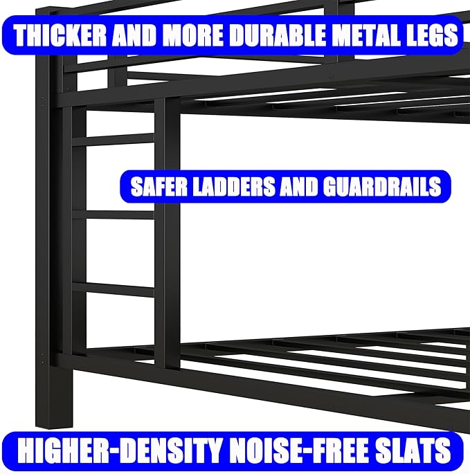 Upgraded Version Thicken Metal Queen Over King Bunk Bed, Heavy-Duty Steel King Bunk Bed, Best Modern Bunkbed King Size for Adults, Easy Assemble (Queen Over King)