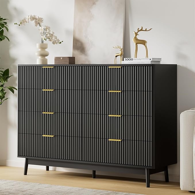 LYNSOM Fluted Dresser and Nightstand Sets 3 Piece, 9-Drawers Dresser and 1-Drawer Nightstands Set of 2, Wood Bedroom Furniture Set for Home, Bedroom, Hallway, Black